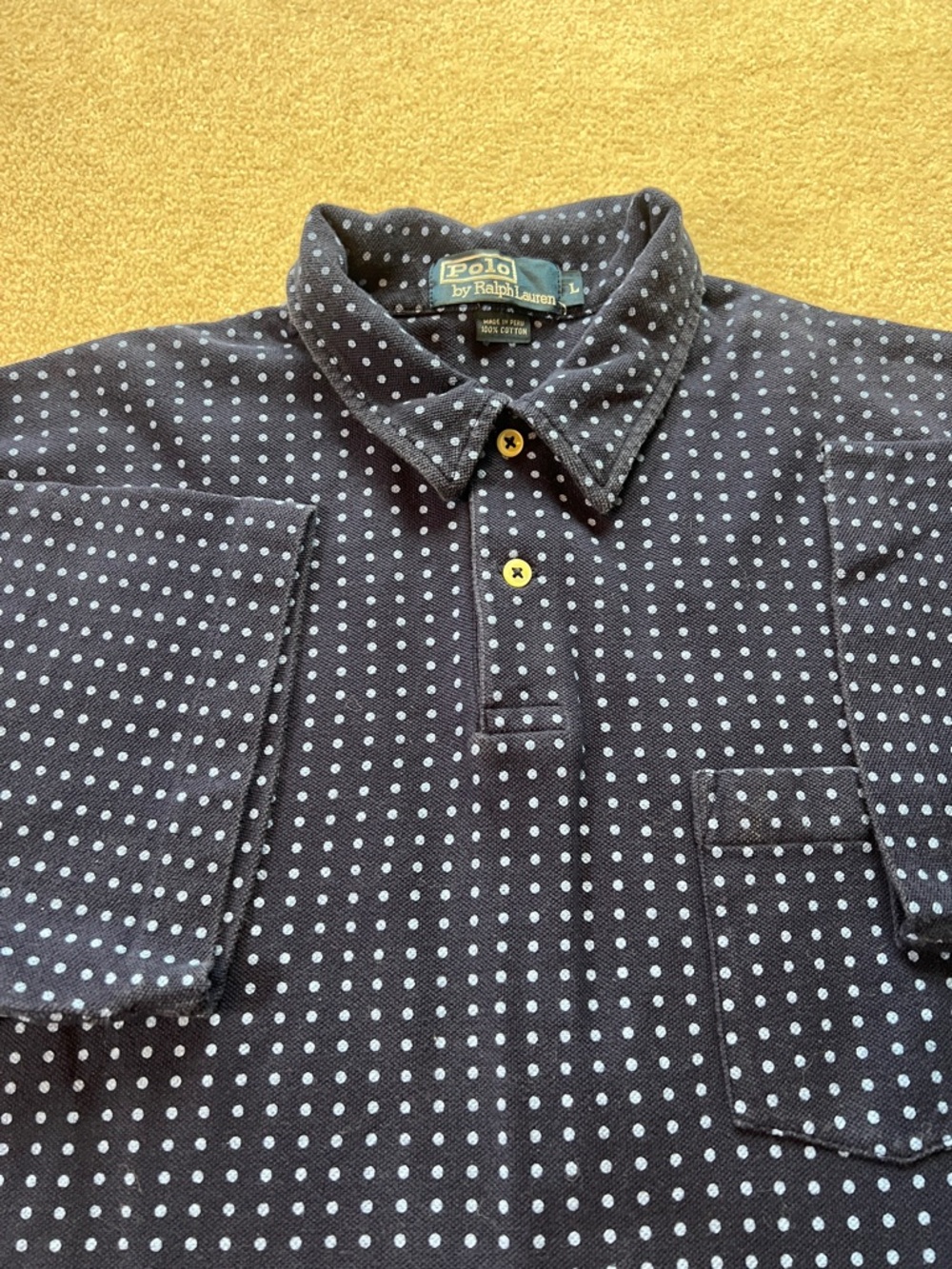 Polo Ralph Lauren Mens Navy Blue Polka Dot Pique Polo Shirt Size L Pocket Cotton